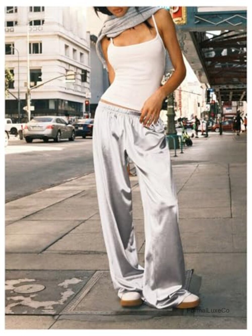 Wide Leg Satin Pants Elastic Waist Y2k Baggy Low Rise Long Trousers - Picture 2 of 4